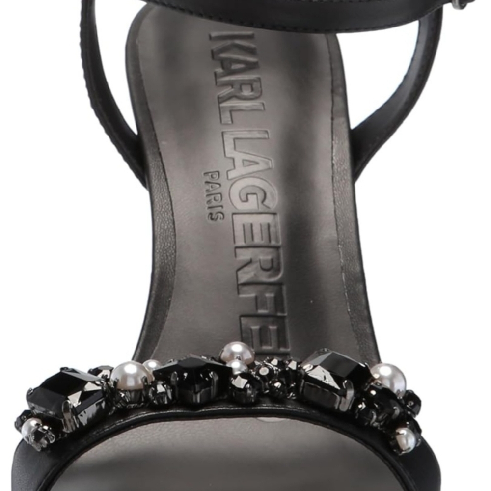 KARL LAGERFELD JALA Black RHINESTONE PEARL High HEEL PLATFORM STILETTO SHOES 7.5 - Picture 3 of 5